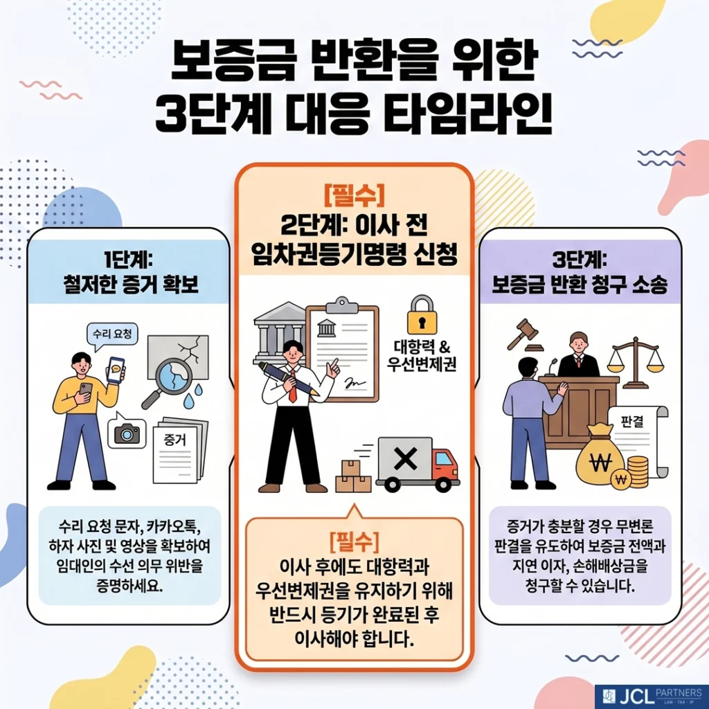 임대인의 수리 거부 시 임차인의 단계별 대응 절차 타임라인. 1단계: 수리 요청 문자 및 사진 등 증거 확보, 2단계: 이사 전 임차권등기명령 신청으로 대항력 유지, 3단계: 보증금 반환 청구 소송 제기 및 무변론 판결 유도.
