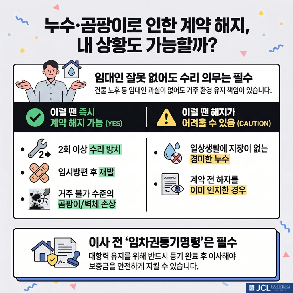 누수 및 곰팡이 발생 시 임대차 계약 해지 인정 여부를 상황별로 정리한 체크리스트. 2회 이상 수리 요청 방치, 임시방편 후 재발, 전면적 곰팡이는 해지 요건 충족. 경미한 누수나 계약 전 하자 인지는 주의 요망.