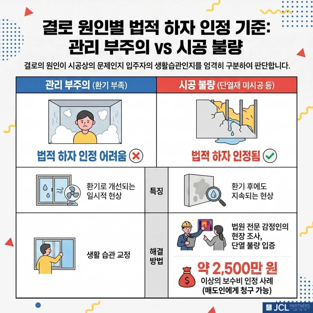 관리 부주의로 인한 결로와 시공 불량으로 인한 결로의 원인, 발생 특징, 해결 방법 및 법적 하자 인정 여부를 한눈에 비교한 표