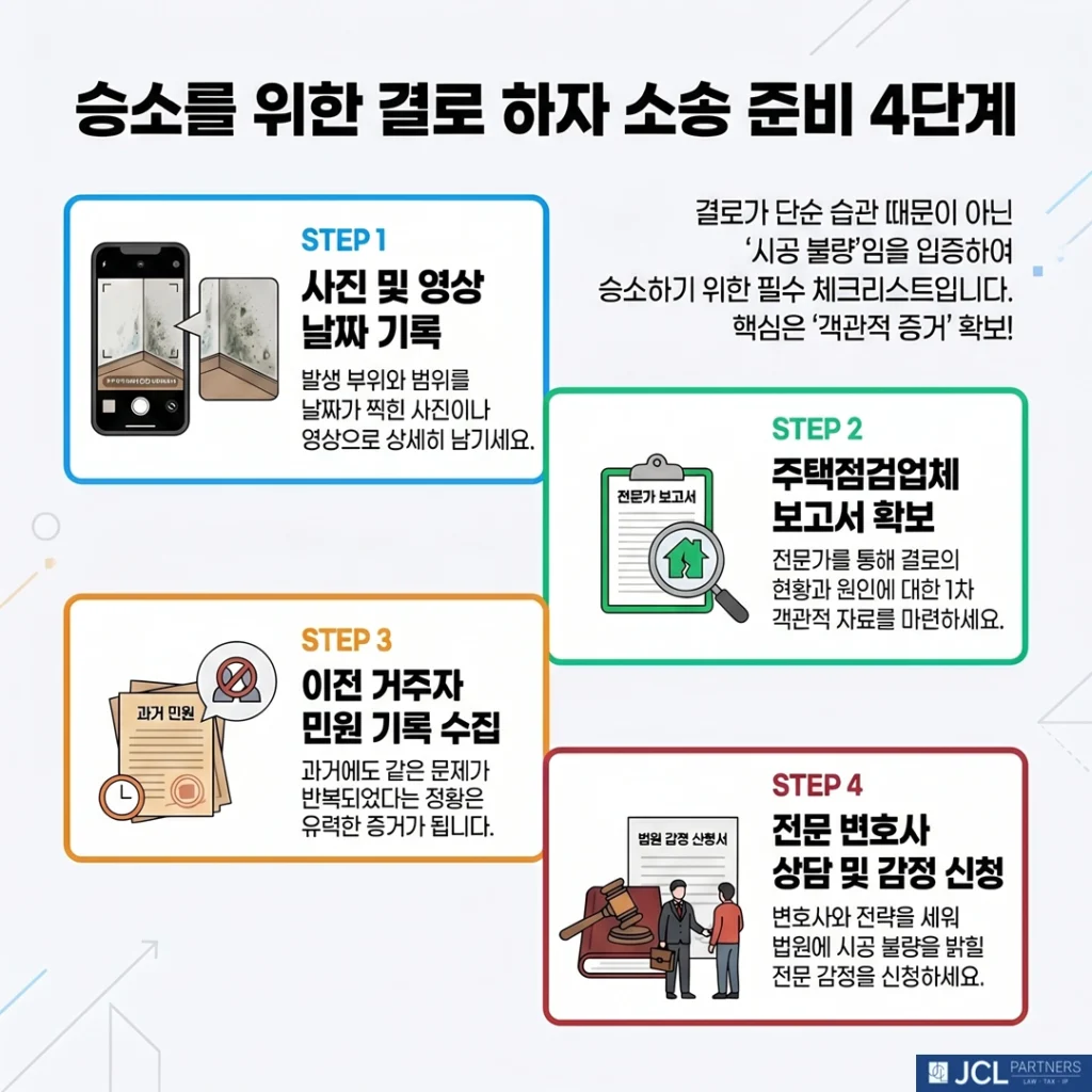 결로 하자 소송을 위한 4단계 필수 준비 사항: 사진 및 영상 기록, 주택점검업체 현황 보고서 확보, 이전 거주자 민원 기록 확인, 전문 변호사 상담 및 감정 전략 수립