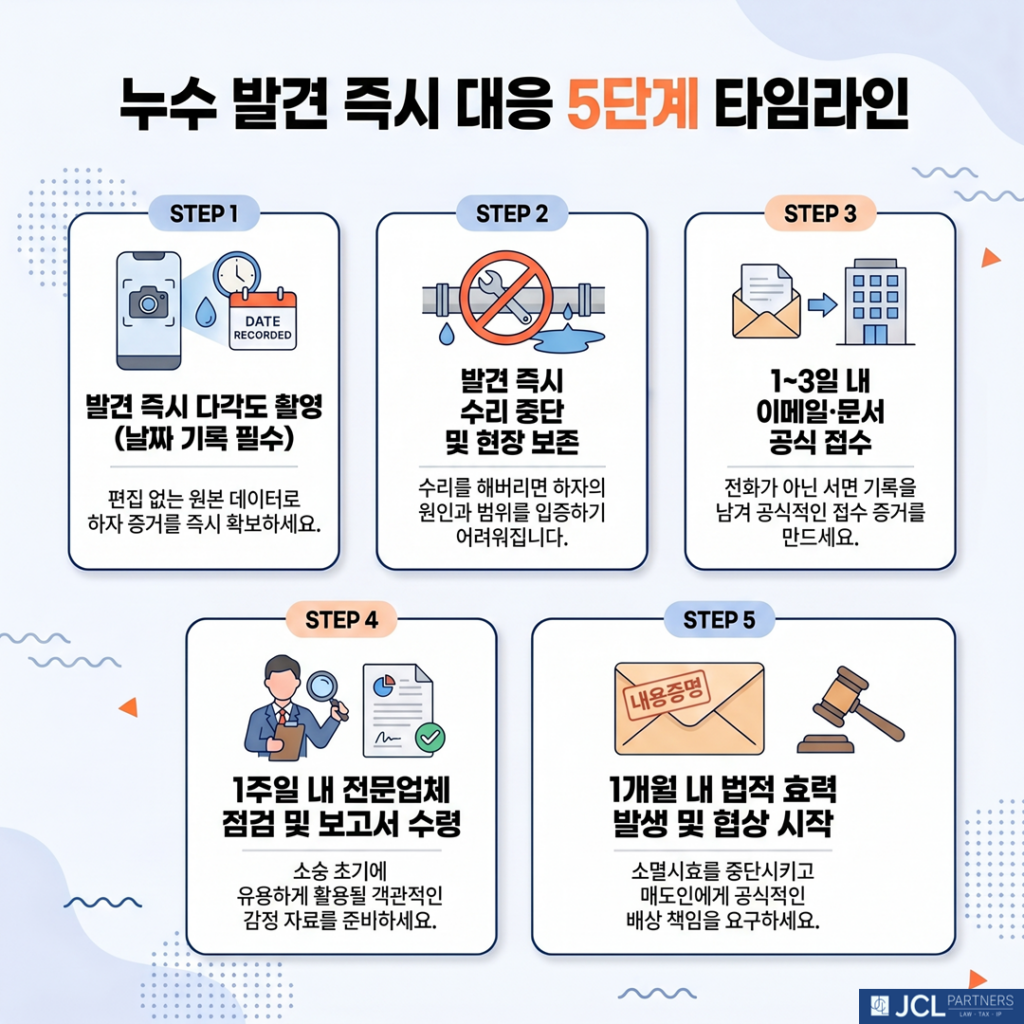 부동산 매수 후 누수 발견 시 5단계 대응 타임라인: 1단계 사진·영상 촬영(발견 즉시/증거 확보), 2단계 임의 수리 금지(발견 즉시/원인 입증 능력 보존), 3단계 관리사무소 서면 신고(1~3일 내/공식 접수 기록), 4단계 전문 점검 보고서 수령(1주 내/초기 감정 자료), 5단계 내용증명 발송(1개월 내/소멸시효 중단 및 협상 시작)