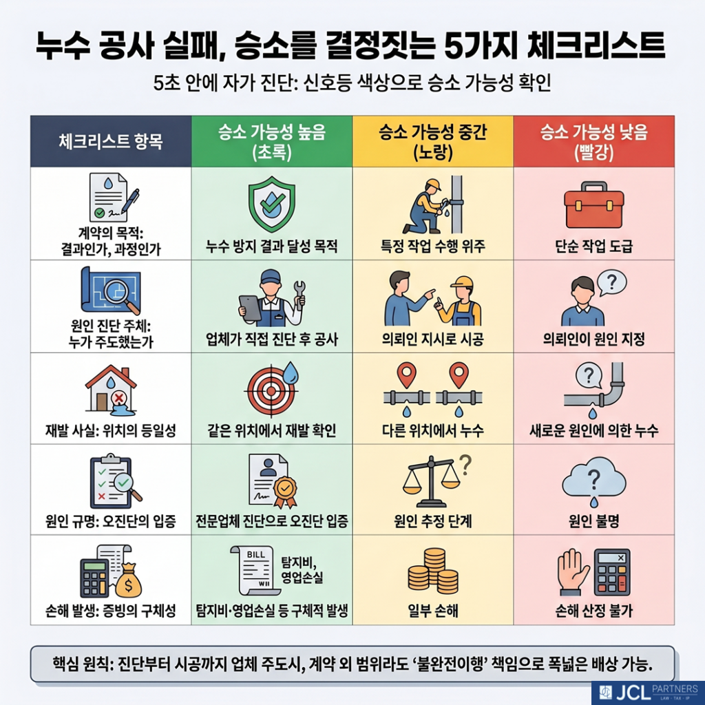 누수 공사 불완전이행 손해배상 승소 요건 판단 기준표. 계약의 목적, 원인 진단 주체, 재발 사실, 실제 원인 규명, 손해 발생의 5가지 요소별 청구 유리 조건과 미충족 조건을 비교한 표.