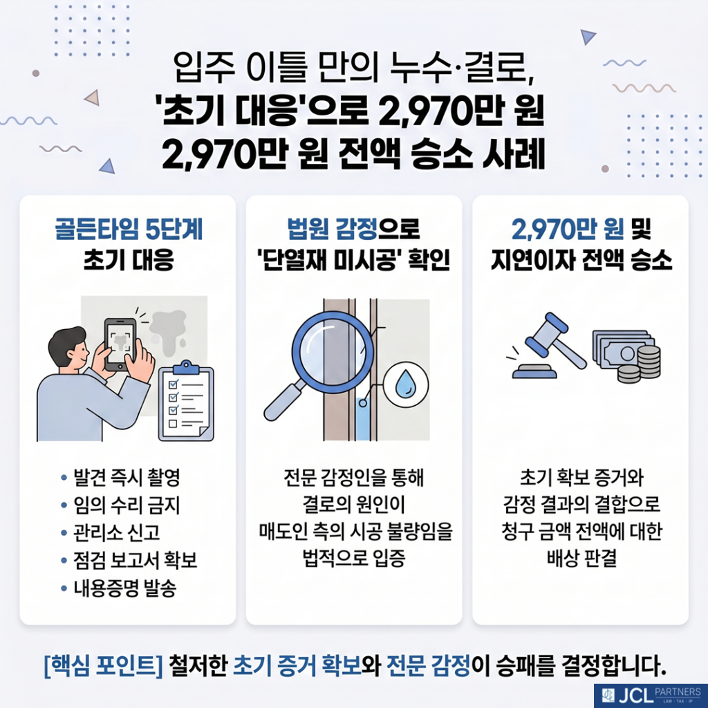 실제 승소 사례 흐름도: 입주 이틀 만에 누수·결로 발견 후 철저한 초기 대응 진행, 법원 감정을 통해 단열재 미시공 시공 불량 입증 성공, 최종적으로 매도인에게 약 2,970만 원과 지연이자 전부 지급 판결 승소