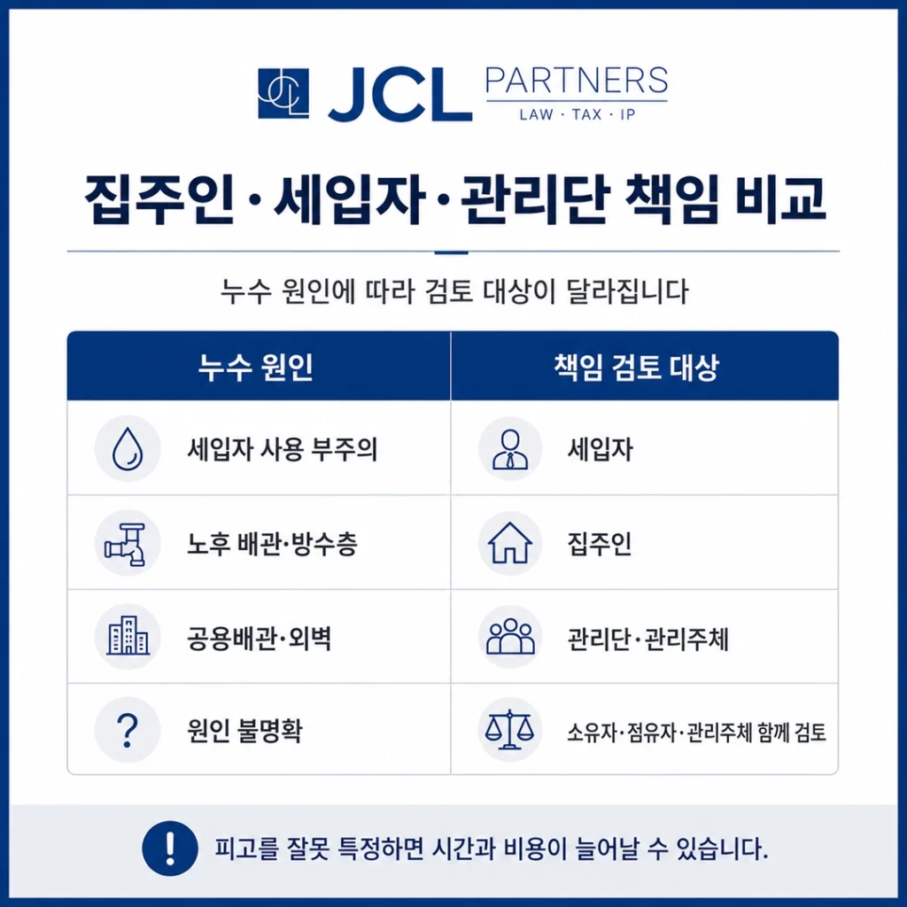 윗집 누수 소송에서 집주인 세입자 관리단 책임을 누수 원인별로 구분한 비교표