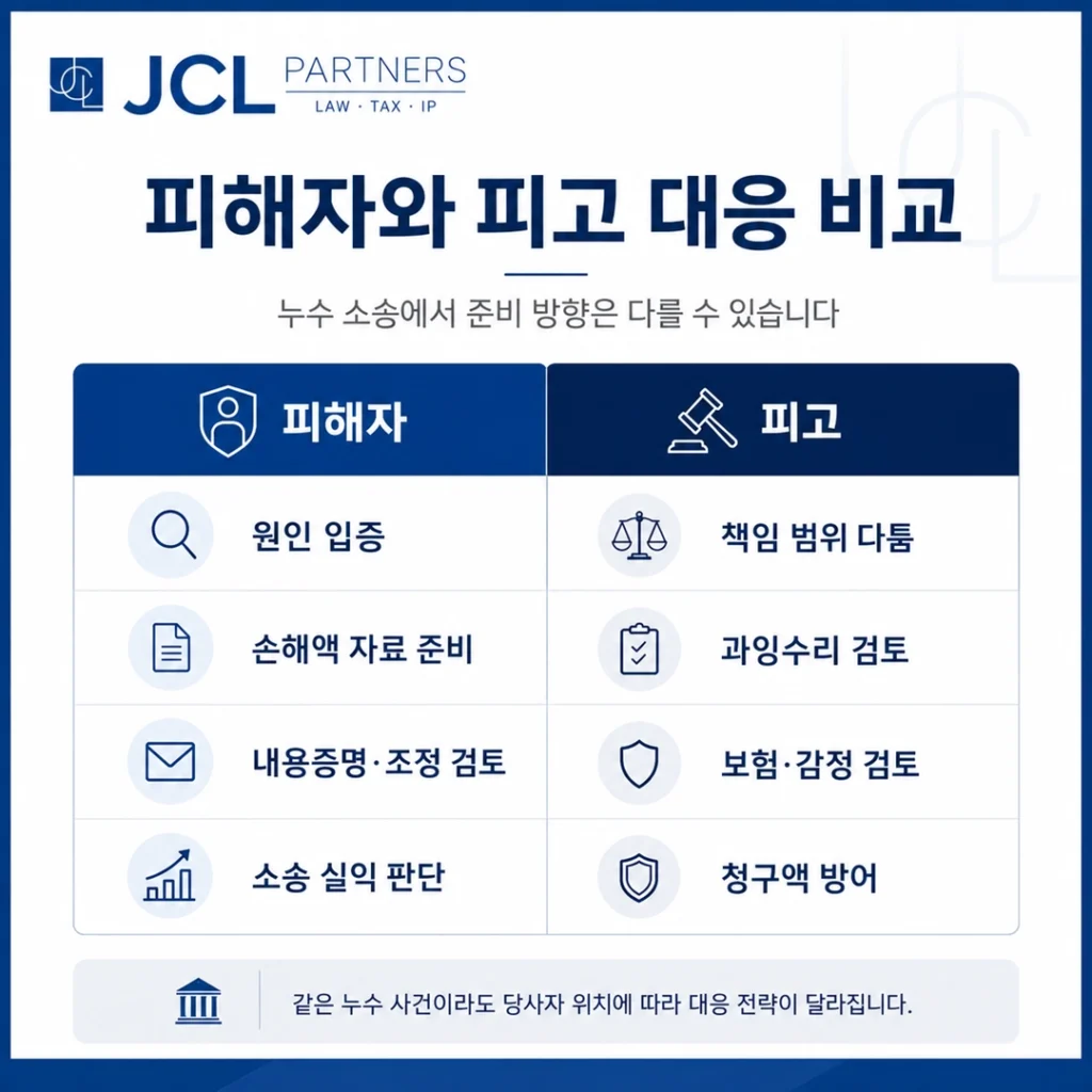 누수 손해배상 소송에서 피해자와 피고가 각각 준비해야 할 대응 전략 비교표