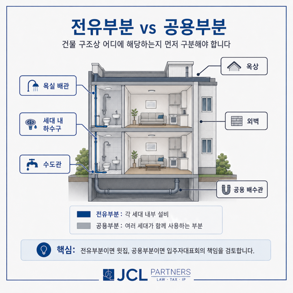 아파트 전유부분·공용부분 구조 구분 — 욕실 배관·하수구(전유) vs 외벽·옥상·공용배수관(공용) 위치
