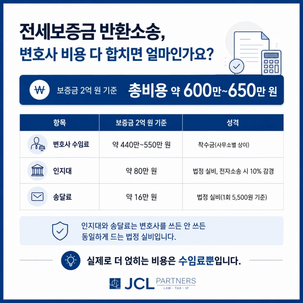 전세보증금 반환소송 변호사 비용 구성 표 - 보증금 2억 원 기준 수임료 인지대 송달료 합계 약 600만 원