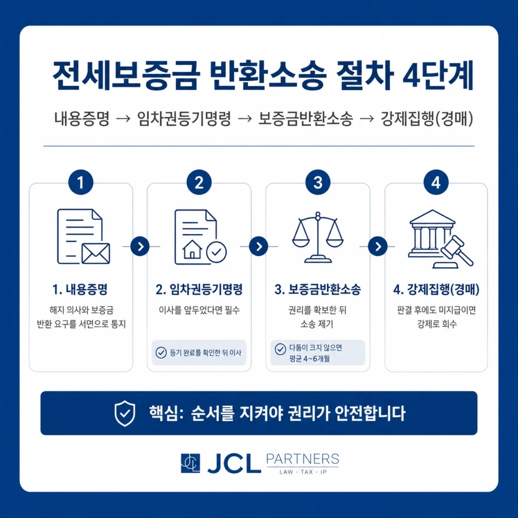 전세보증금 반환소송 절차 4단계 흐름도 내용증명 임차권등기명령 소송 강제집행
