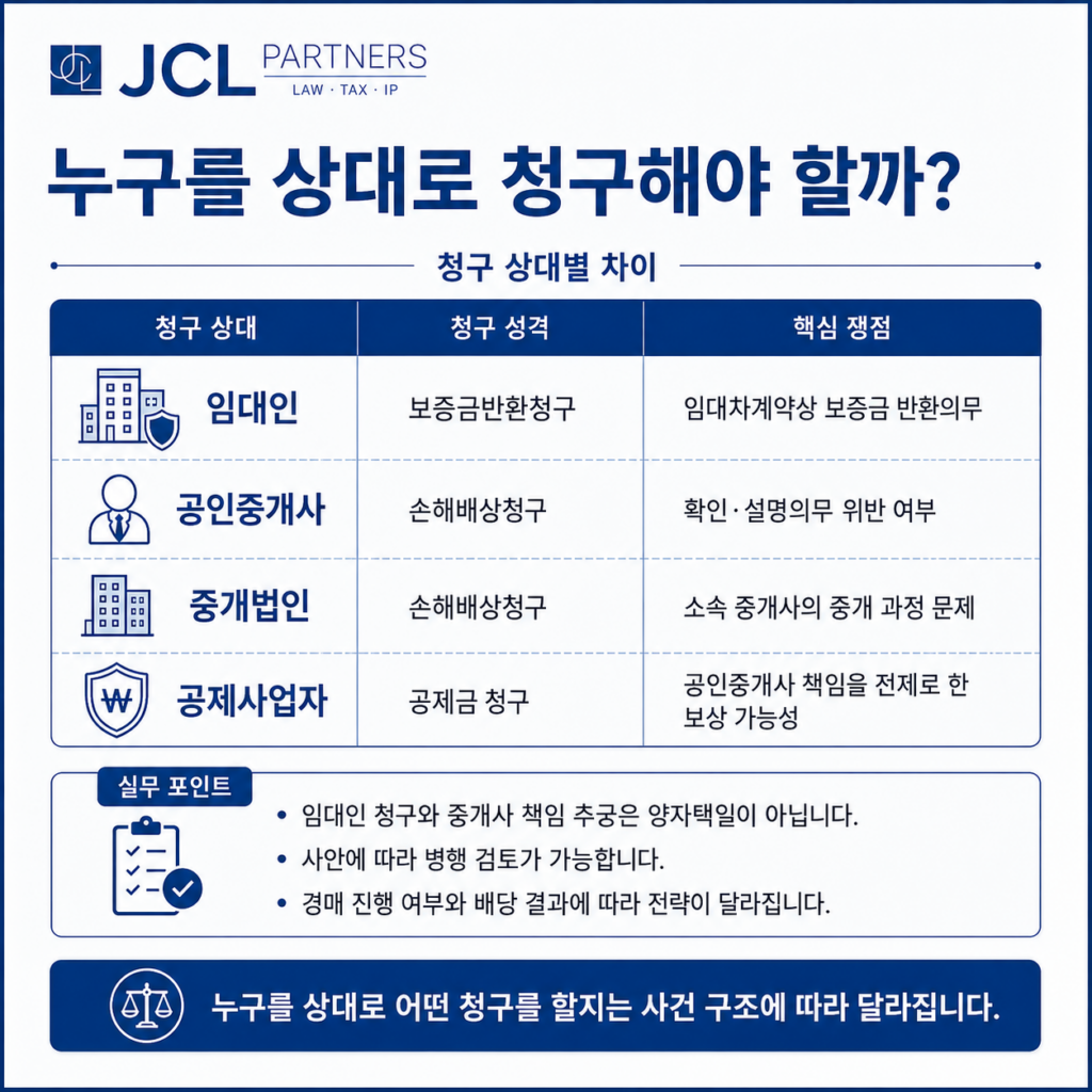 전세보증금 손해배상 청구 상대 비교표
