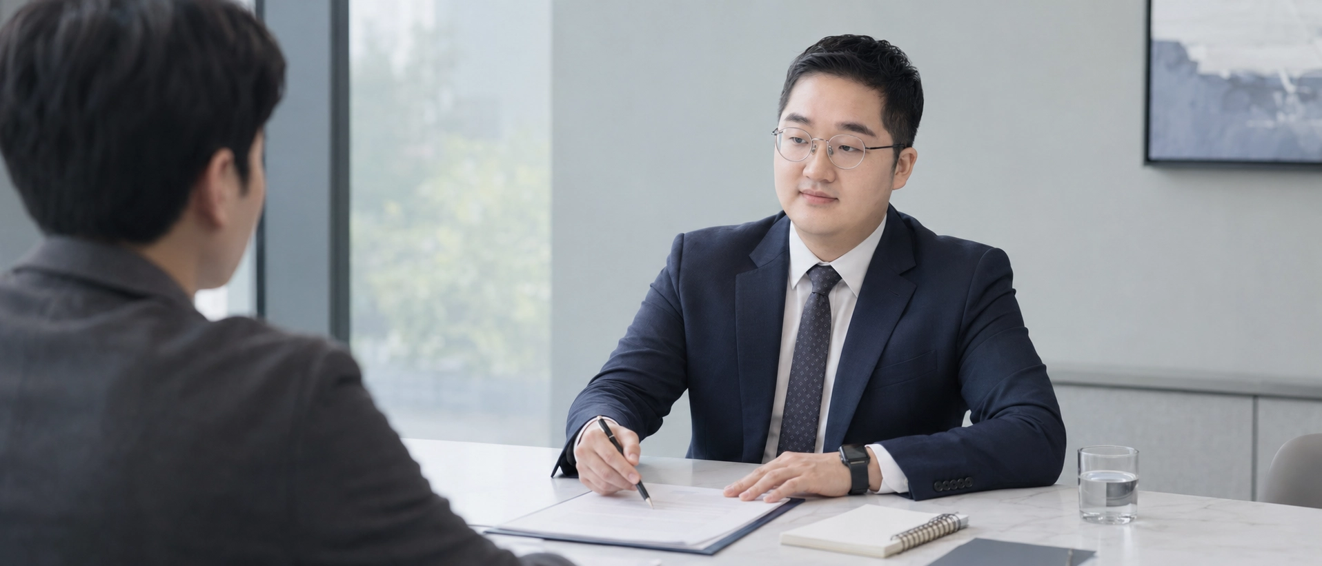회의 테이블에서 의뢰인의 서류를 짚으며 상담하는 이상덕 변호사